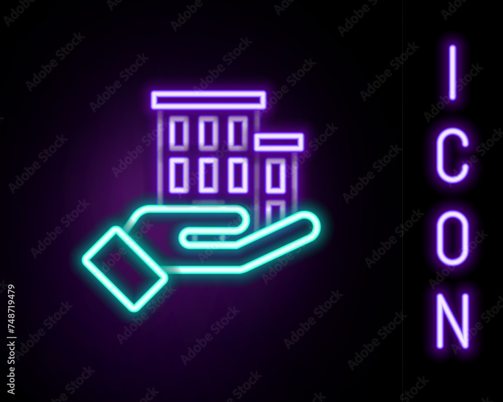 Glowing neon line House insurance icon isolated on black background. Security, safety, protection, protect concept. Colorful outline concept. Vector Glowing neon line House insurance icon isolated on black background. Security, safety, protection, protect concept. Colorful outline concept. Vector