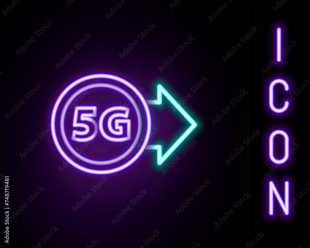 Glowing neon line 5G new wireless internet wifi connection icon isolated on black background. Global network high speed connection data rate technology. Colorful outline concept. Vector Glowing neon line 5G new wireless internet wifi connection icon isolated on black background. Global network high speed connection data rate technology. Colorful outline concept. Vector