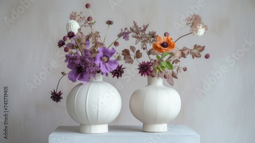 a couple of white vases sitting on top of a table filled with purple and orange flowers on top of a white table.