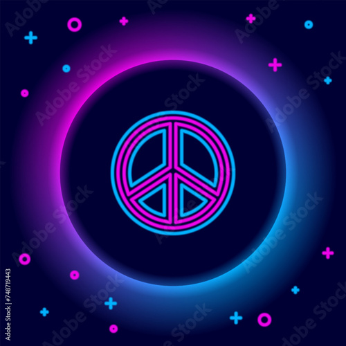 Glowing neon line Peace icon isolated on black background. Hippie symbol of peace. Colorful outline concept. Vector