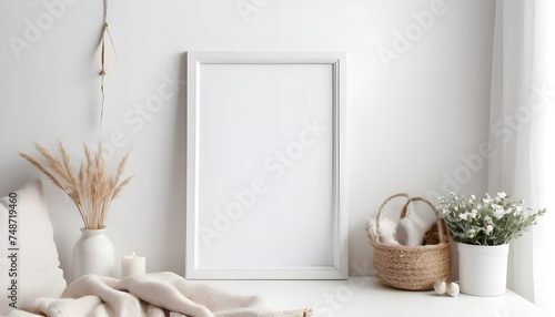 Mockup poster frame close up and accessories decor in cozy white interior background © QasimAli