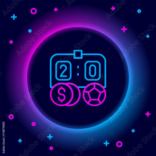 Glowing neon line Soccer football betting money icon isolated on black background. Football bet bookmaker. Soccer betting online make money. Colorful outline concept. Vector