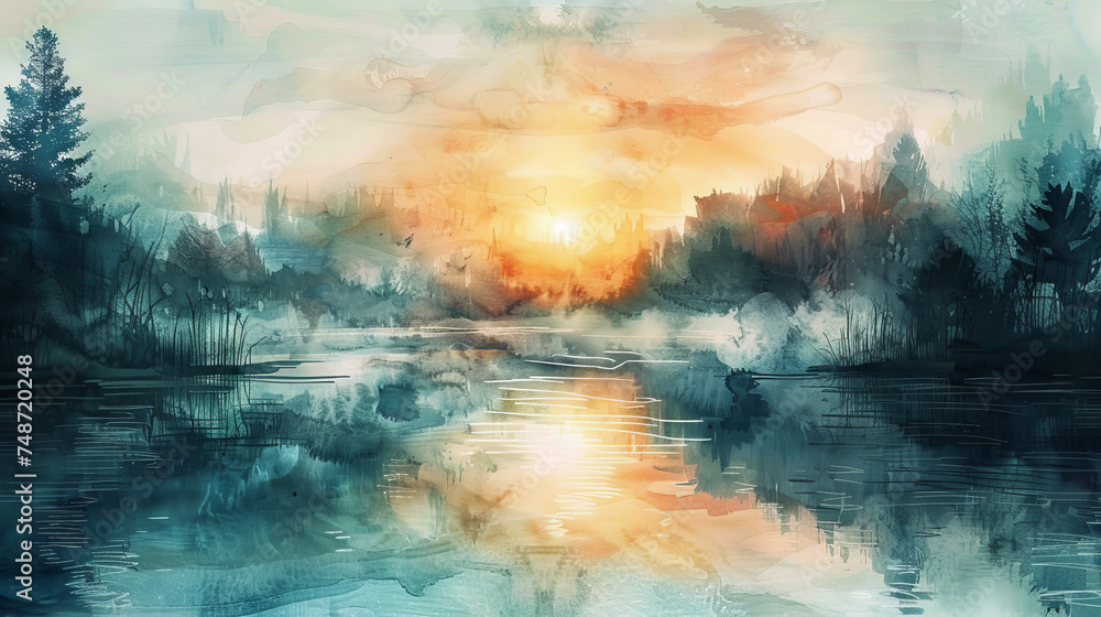 Twilight watercolor depicting a serene river scene with forest reflections,ai generated