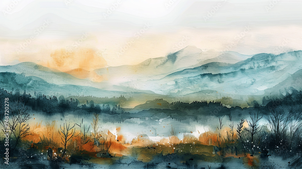 Warm watercolor of a sunrise in a foggy forest with yellow tones,ai generated