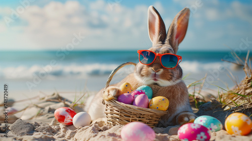 Easter bunny in sunglasses resting on the beach with a basket of Easter eggs