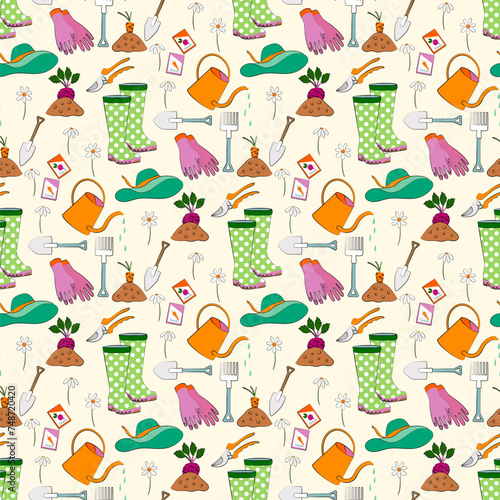 Spring flowers, garden tool hand draw seamless pattern. Home gardening with rubber boots, watering can, seed pack, spade, organic agriculture hobby  background design © LilaloveDesign