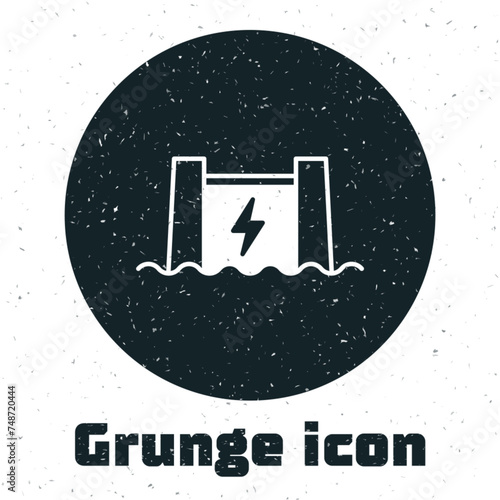 Grunge Hydroelectric dam icon isolated on white background. Water energy plant. Hydropower. Hydroelectricity. Monochrome vintage drawing. Vector