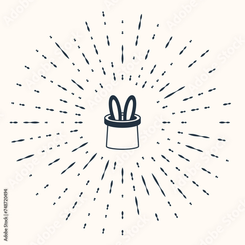 Grey Magician hat and rabbit ears icon isolated on beige background. Magic trick. Mystery entertainment concept. Abstract circle random dots. Vector