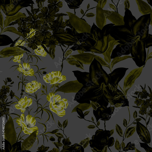 Watercolor seamless pattern with garden flowers. Vintage spring or summer flo...