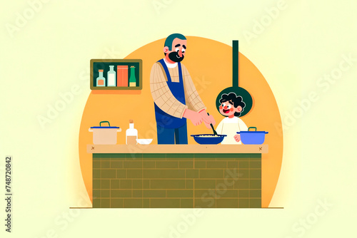 Father and Child Cooking Together in a Cozy Kitchen