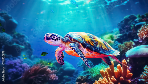 A large turtle swims in a clear ocean   Environmental eco safe Conservation