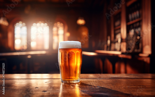 Fresh glass of beer on bar table with bokeh background and empty space for text.