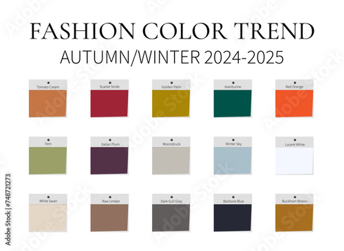 Fashion Color Trend Autumn - Winter 2024 - 2025. Trendy colors palette guide. Fabric swatches with color names. Easy to edit vector template for your creative designs. photo