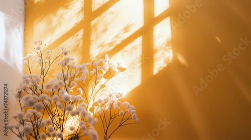 Beautiful bouquet over yellow wall with long cast shadows from window.