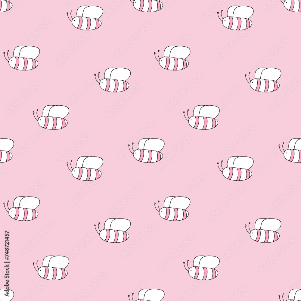 Doodle seamless square pattern with cute small bees. Kids texture for wrapping paper, for textiles. Girly pattern. Colored doodle style pattern on changeable pink background. Hand drawn sketch.