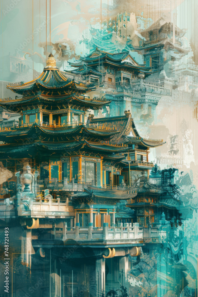 Japanese temple with some of its features drawn in 3d. Japanese temple with some of its features drawn in 3d.