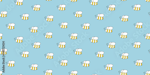 Doodle seamless horizontal pattern with cute small bees. Kids texture for wrapping paper, for textiles. Boy's pattern. Colored doodle style pattern on changeable blue background. Hand drawn sketch.