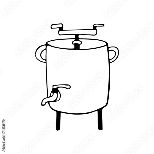 Doodle illustration with simple honey extractor. Metal barrel for extracting honey by hand. Honey production. Black monochrome doodle style elements isolated on white background. Hand drawn sketch.