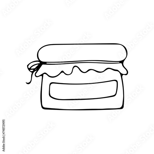 Doodle illustration with simple honey jar.Glass storage jar for honey or jam. Canned foods. Black monochrome doodle style elements isolated on white background. Hand drawn sketch.