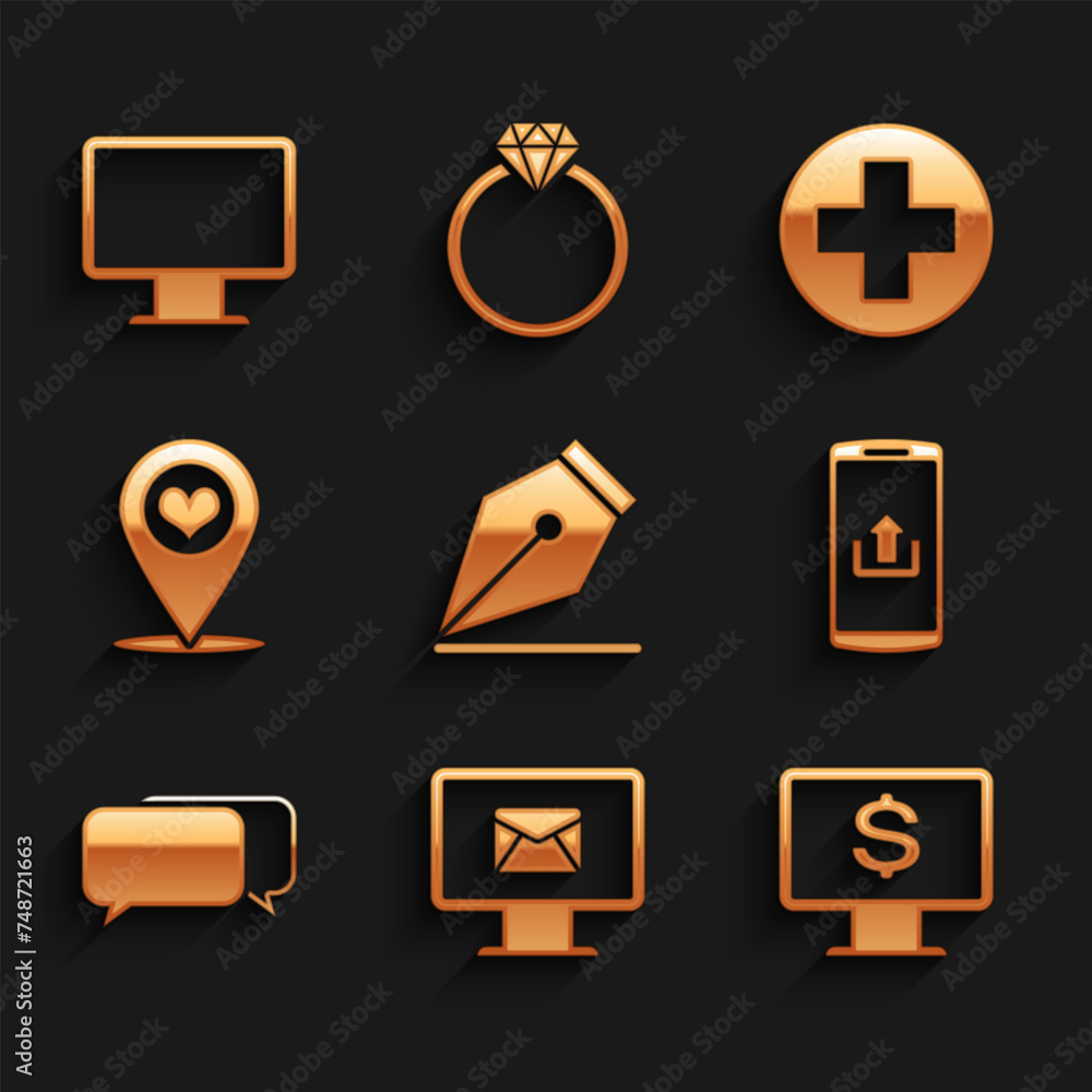 Set Fountain pen nib, Monitor and envelope, with dollar, Smartphone upload, Chat and Map pointer heart icon. Vector Set Fountain pen nib, Monitor and envelope, with dollar, Smartphone upload, Chat and Map pointer heart icon. Vector
