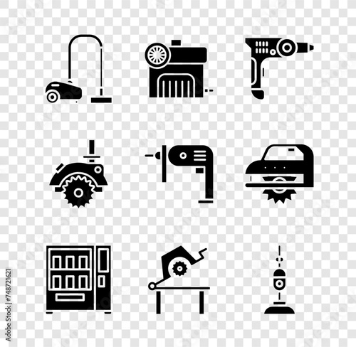 Set Vacuum cleaner, Air compressor, Electric drill machine, Vending, Table saw for woodwork and icon. Vector