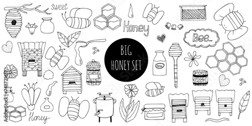 Doodle honey big elements set. Honey production. Foods, tools, beehives and cute bees. Black monochrome doodle style elements isolated on white background. Hand drawn sketch.