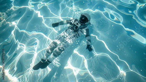 Astronaut swimming gracefully in a cosmic pool galaxies reflecting on the waters surface minimal and elegant