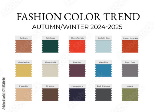 Fashion Color Trend Autumn - Winter 2024 - 2025. Trendy colors palette guide. Fabric swatches with color names. Vector template for your creative designs.