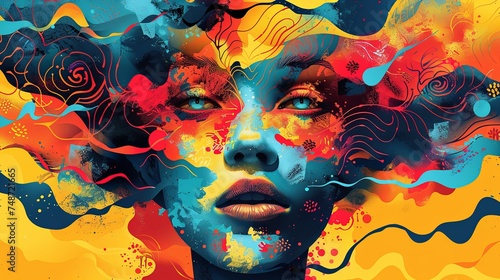 A striking digital artwork featuring a woman s face enveloped in a burst of abstract  colorful swirls  and expressive splashes. psychedelic therapy