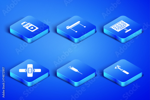 Set Medical otoscope tool, Organ container, Syringe, Crossed bandage plaster, Stretcher and Eye test chart icon. Vector