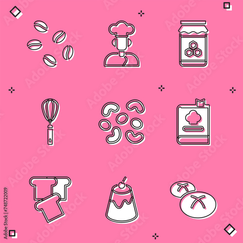 Set Coffee beans, Cook, Jar honey, Kitchen whisk, Jelly candy, Cookbook, Bread toast and Pudding custard icon. Vector