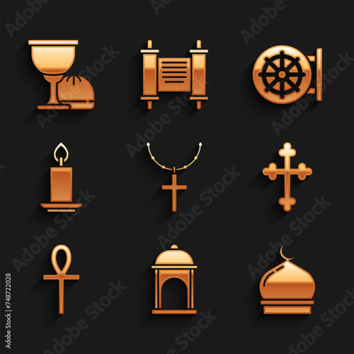 Set Christian cross on chain, Muslim Mosque, Cross ankh, Burning candle, Dharma wheel and Holy grail or chalice icon. Vector