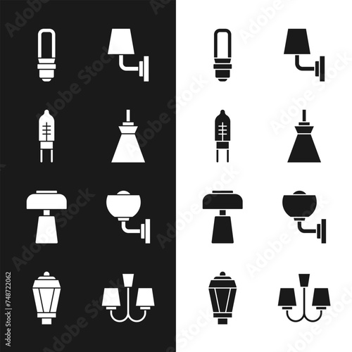 Set Lamp hanging  Light emitting diode  LED light bulb  Wall lamp or sconce  Table  Chandelier and Garden icon. Vector