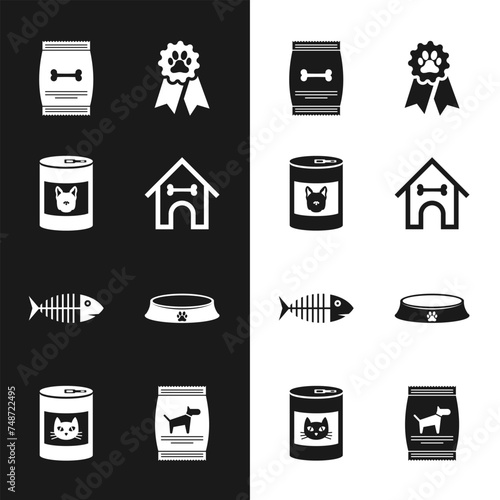 Set Dog house and bone, Canned food for dog, Bag of pet, Pet award symbol, Fish skeleton and bowl icon. Vector