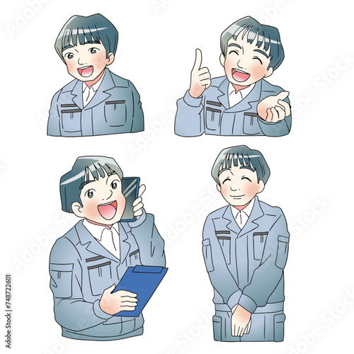 優しそうな作業着の男性のイラストセット