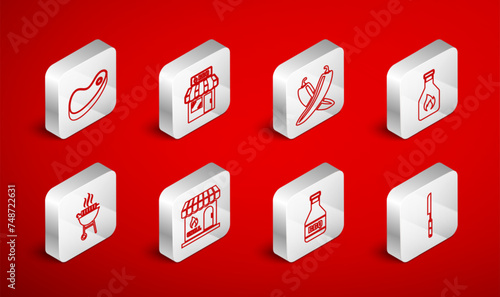 Set line Barbecue knife, shopping building, Crossed hot chili pepper pod, Ketchup bottle, Steak meat, and grilled shish kebab icon. Vector