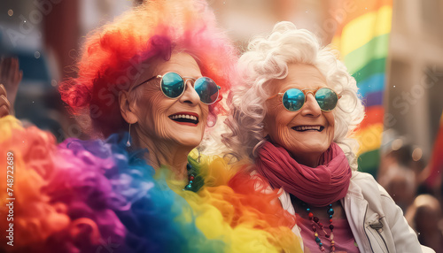 Old people at gay pride parade with rainbow flags , LGBQ concept