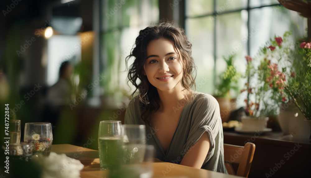 beautiful smiling girl from matcha sitting at a table in a cafe. beautiful smiling girl from matcha sitting at a table in a cafe.