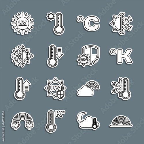 Set line Rainbow, Thermometer with snowflake, Kelvin, Celsius, Meteorology thermometer, Sun and, UV protection and icon. Vector