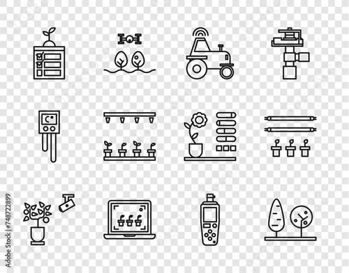 Set line Smart farming technology, Trees, Wireless tractor on smart, Automatic irrigation sprinklers, Portable sensor and with bulb and plant icon. Vector