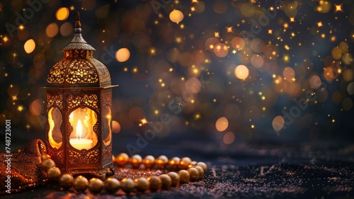 A golden Ramadhan lamp with Islamic rosary beads on dark background. Ramadan - an important Islamic festival. Islamic festive greeting card photo - generative ai