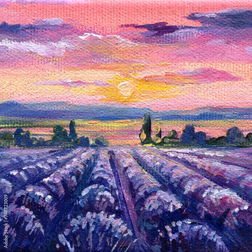 Violet Lavender fields, oil painting on canvas morning landscape, bright lavender flowers, hand drawing painting nature