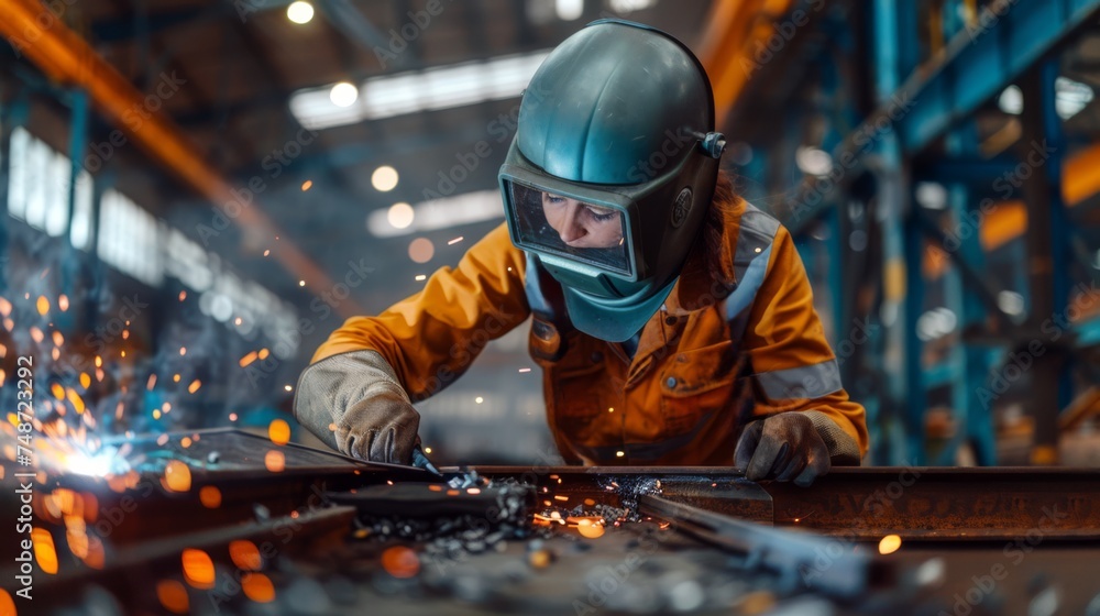 Woman welder working in the factory, female worker welding weraing protection equipment Woman welder working in the factory, female worker welding weraing protection equipment