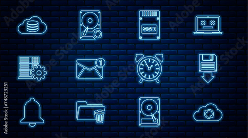 Set line Cloud sync refresh, Floppy disk backup, SSD card, New, email incoming message, Server setting, database, Alarm clock and Hard drive HDD icon. Vector