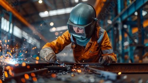 Woman welder working in the factory, female worker welding weraing protection equipment