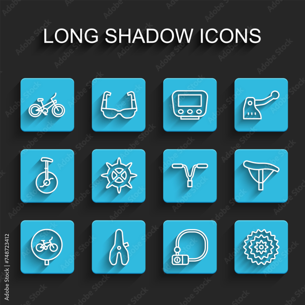 Set line Bicycle, seat, lock, cassette, sprocket crank, and handlebar icon. Vector Set line Bicycle, seat, lock, cassette, sprocket crank, and handlebar icon. Vector