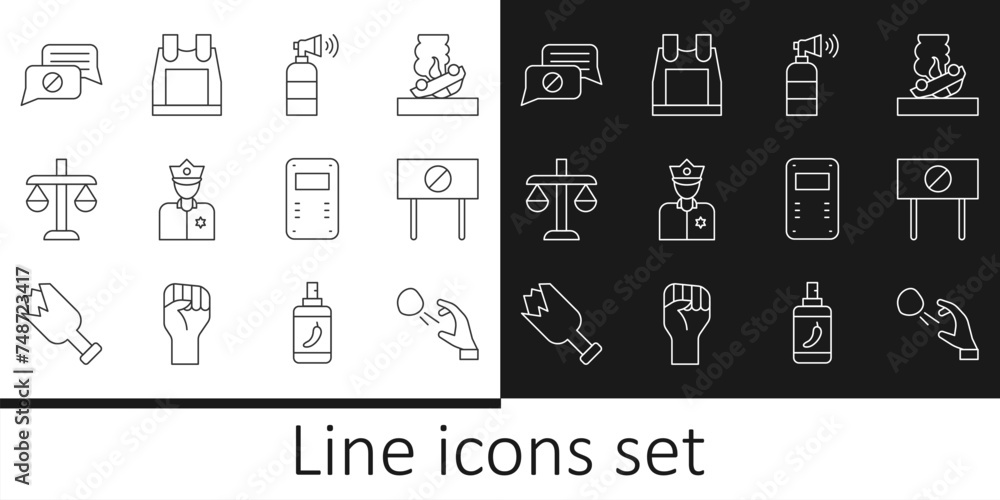 Set line Hooligan shooting stones, Protest, Air horn, Police officer, Scales justice, Speech bubble chat, assault shield and Bulletproof vest icon. Vector