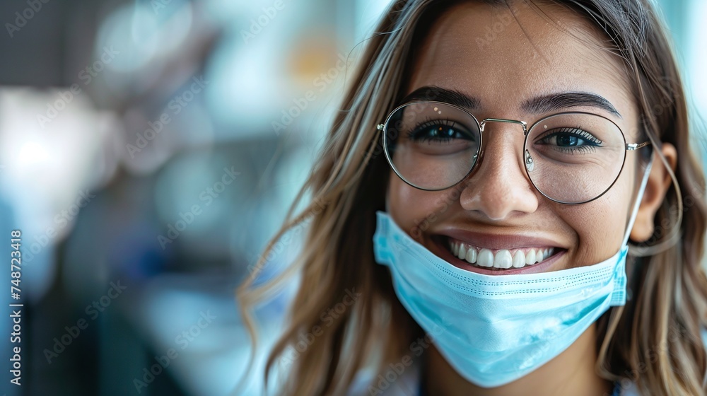 portrait of professional doctor in hospital: closeup of smiling physician wearing mask and glasses for pandemic protection portrait of professional doctor in hospital: closeup of smiling physician wearing mask and glasses for pandemic protection
