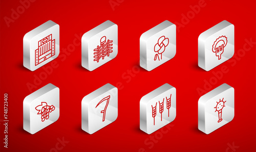 Set line Mace, Wicker fence, Poppy flower, Dumplings on fork, Wheat, Hotel Ukraina building, Scythe and Branch viburnum icon. Vector