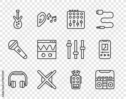 Set line Headphones, Home stereo with speakers, Sound mixer controller, Speaker mute, Electric bass guitar, Oscilloscope, Microphone and Music player icon. Vector